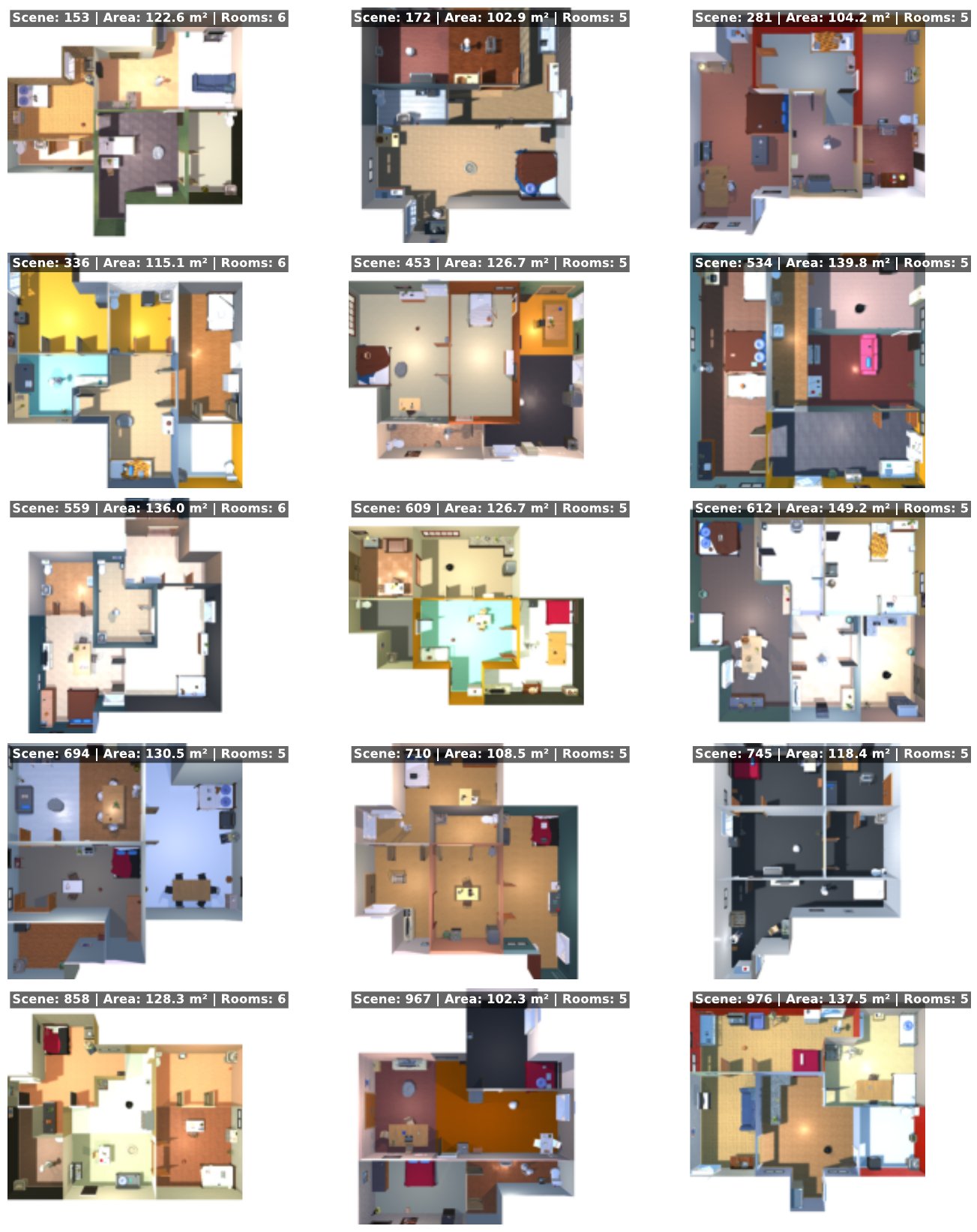 Top-down views of the 15 ProcTHOR environments used in the experiments.
