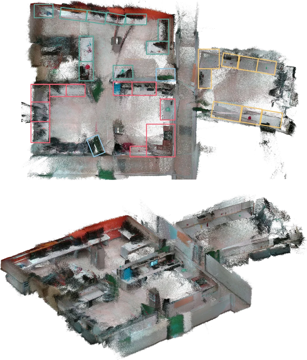 Top-down and perspective point clouds of the three-room laboratory, with receptacles outlined.